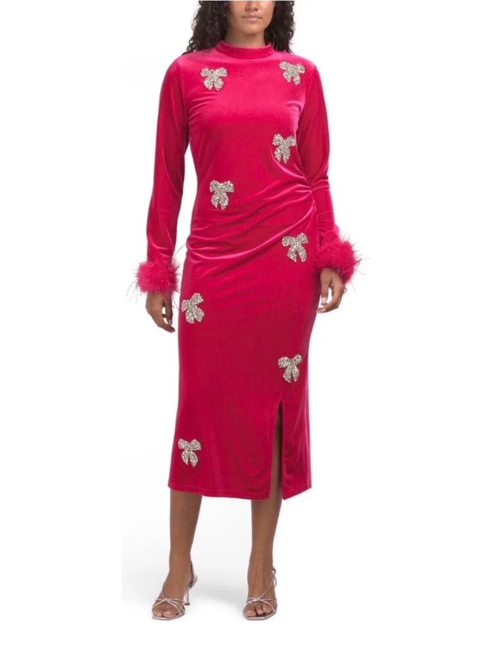 Ivy City Co Fuchsia Velvet Midi Dress with Feather Cuffs & Crystal Bows